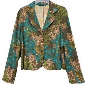 Silky Floral Blazer Jacket Green Blue Peach Button Front M/L